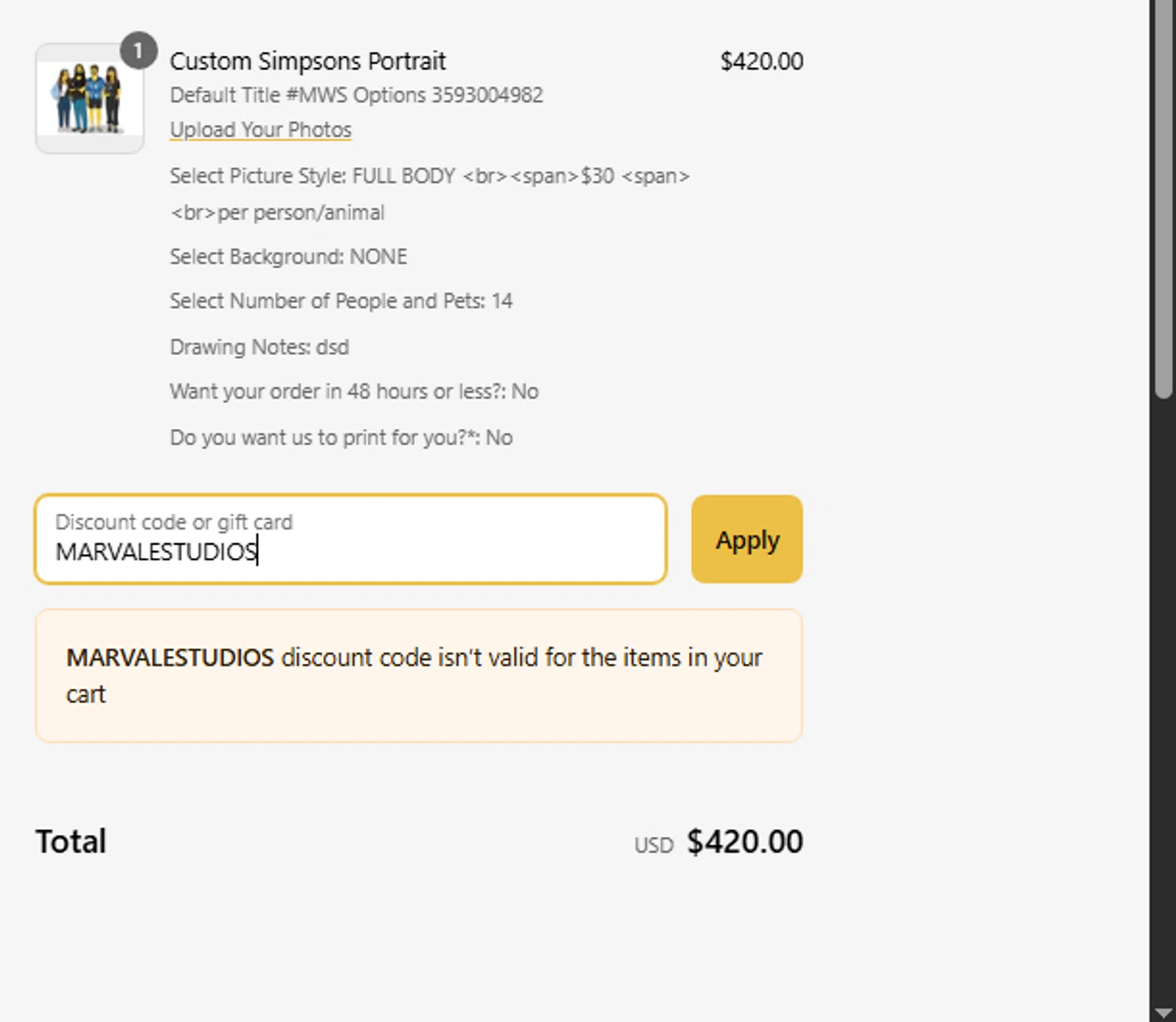 Simpsonize Me discount code screenshot showing code MARVALESTUDIOS applied at Simpsonize Me checkout page. Uploaded by SimplyCodes community member fghfgefds2 on Apr 6, 2025