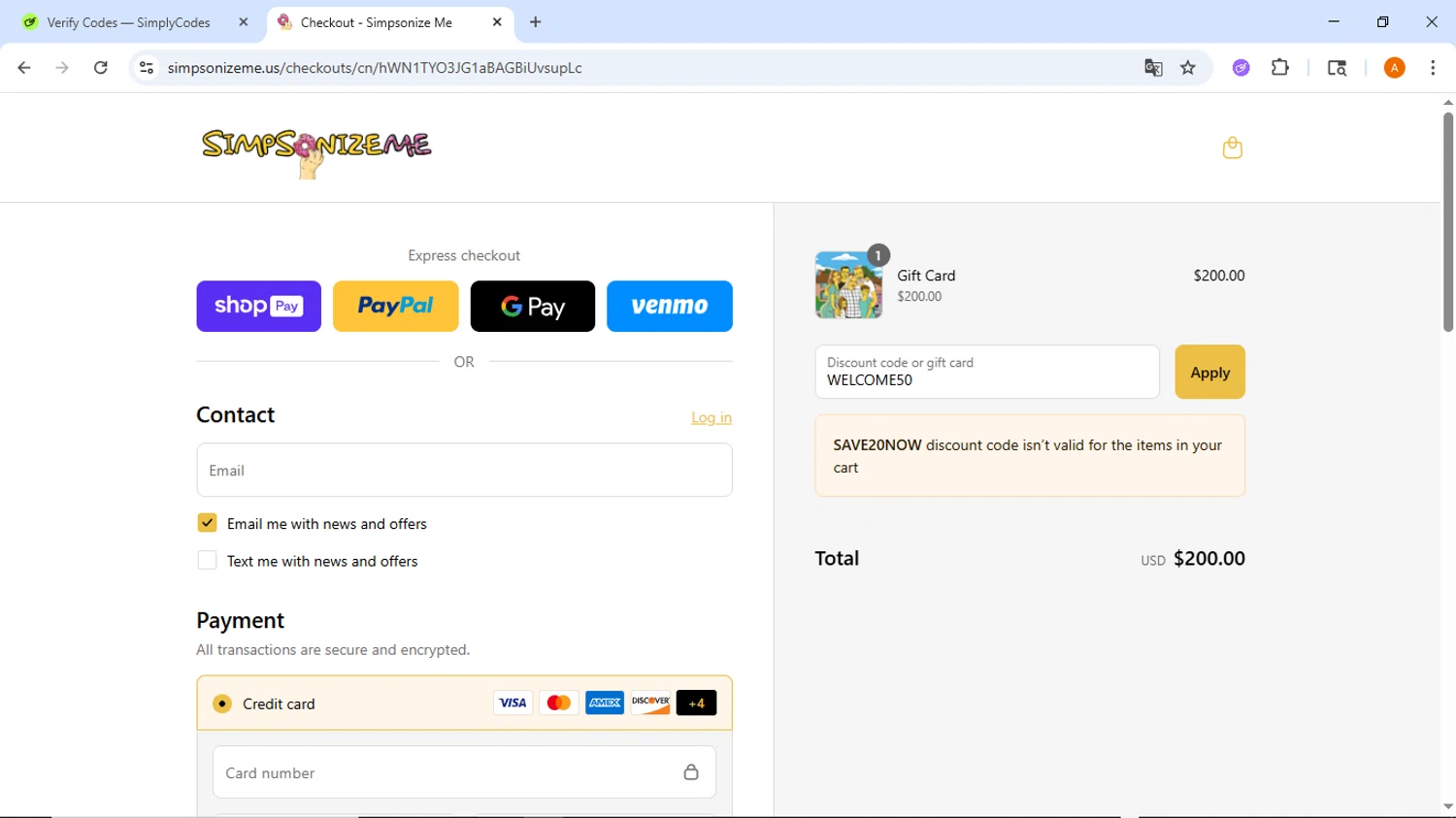 Simpsonize Me discount code screenshot showing code WELCOME50 applied at Simpsonize Me checkout page. Uploaded by SimplyCodes community member ThriftyMaverick437 on Aug 6, 2025