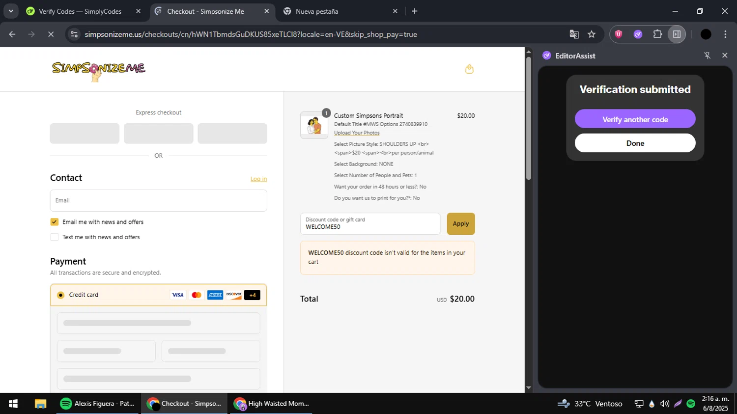 Simpsonize Me discount code screenshot showing code WELCOME50 applied at Simpsonize Me checkout page. Uploaded by SimplyCodes community member jesusguqnipa on Aug 6, 2025