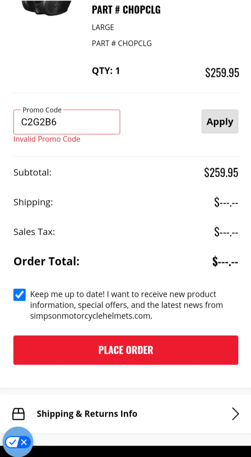 Simpson Motorcycle Helmets promo code screenshot showing code C2G2B6 applied at Simpson Motorcycle Helmets checkout page. Uploaded by SimplyCodes community member RealMadrid15 on Feb 13, 2025