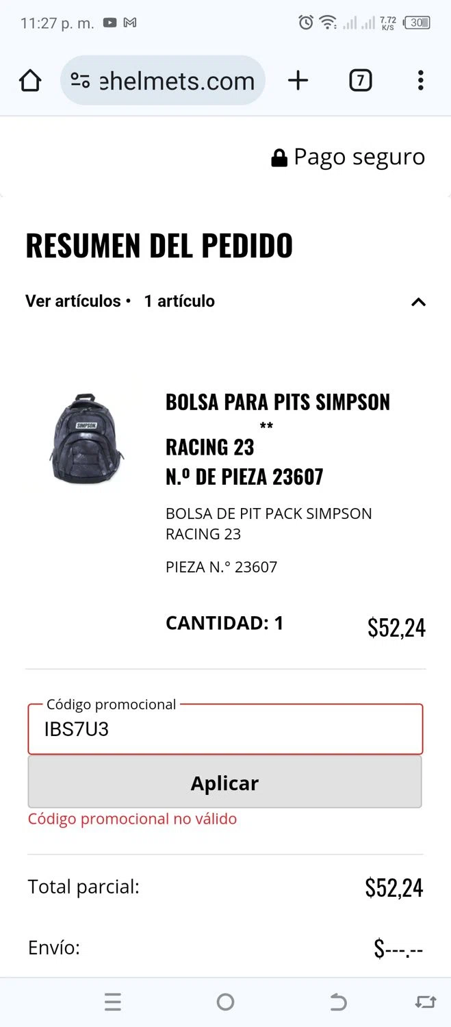 Simpson Motorcycle Helmets checkout page showing Simpson Motorcycle Helmets promo code box | Screenshot taken by SimplyCodes community member on Jul 5, 2024