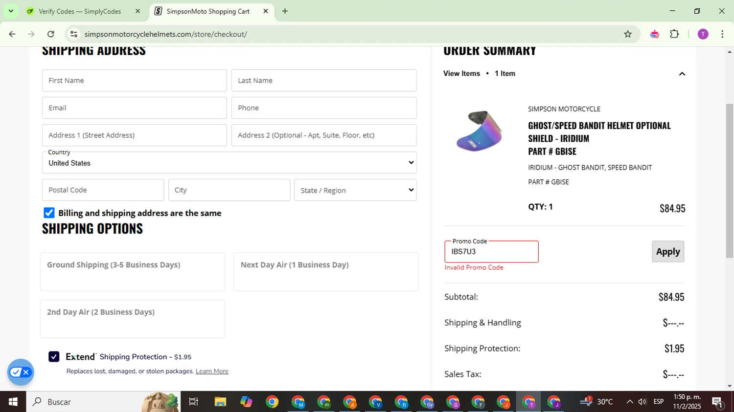 Simpson Motorcycle Helmets promo code screenshot showing code IBS7U3 applied at Simpson Motorcycle Helmets checkout page. Uploaded by SimplyCodes community member ThriftyCurator4085 on Feb 11, 2025