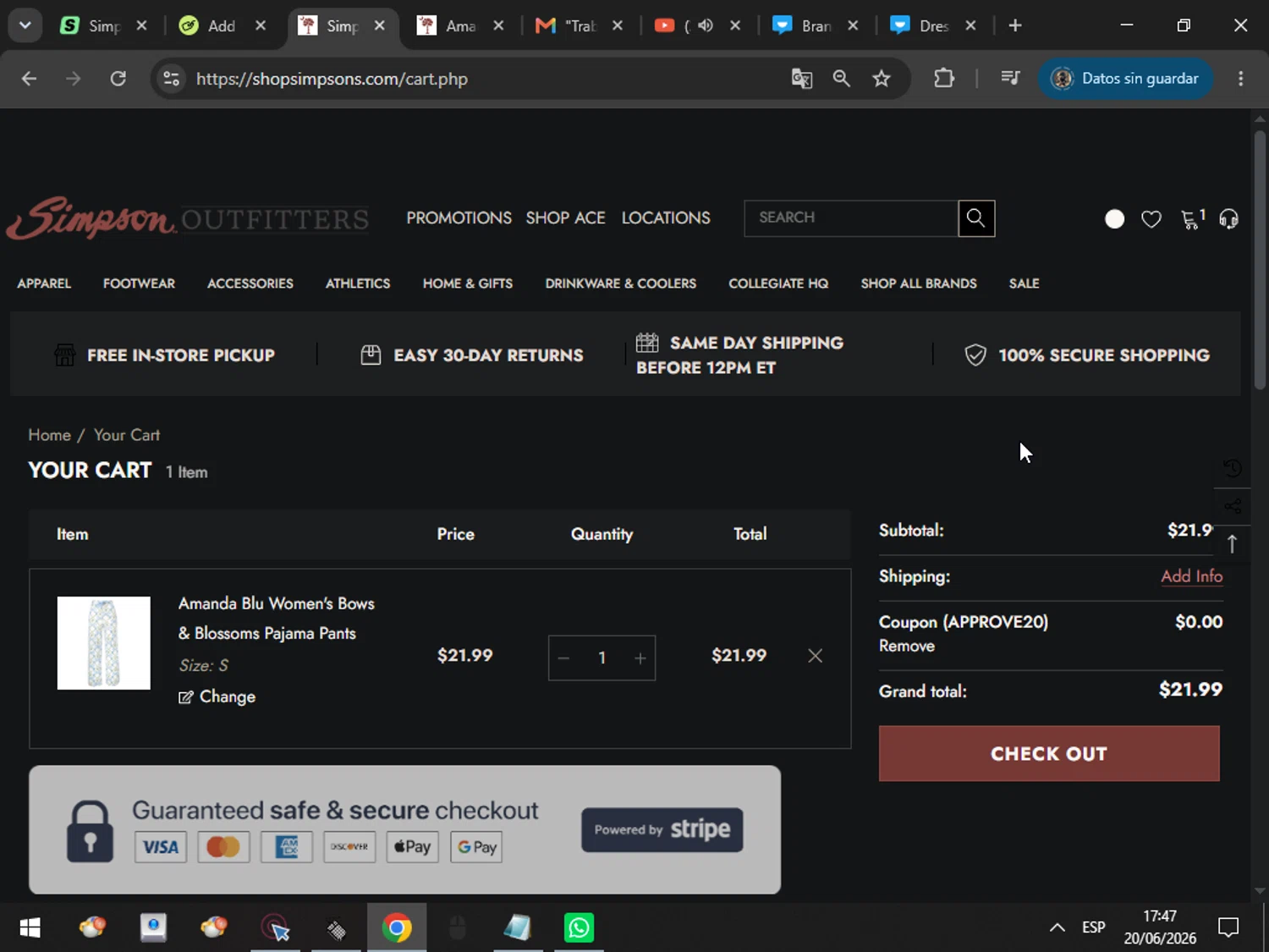 Simpson Outfitters promo code screenshot showing code APPROVE20 applied at Simpson Outfitters checkout page. Uploaded by SimplyCodes community member MarcosAranguren on Jun 20, 2026