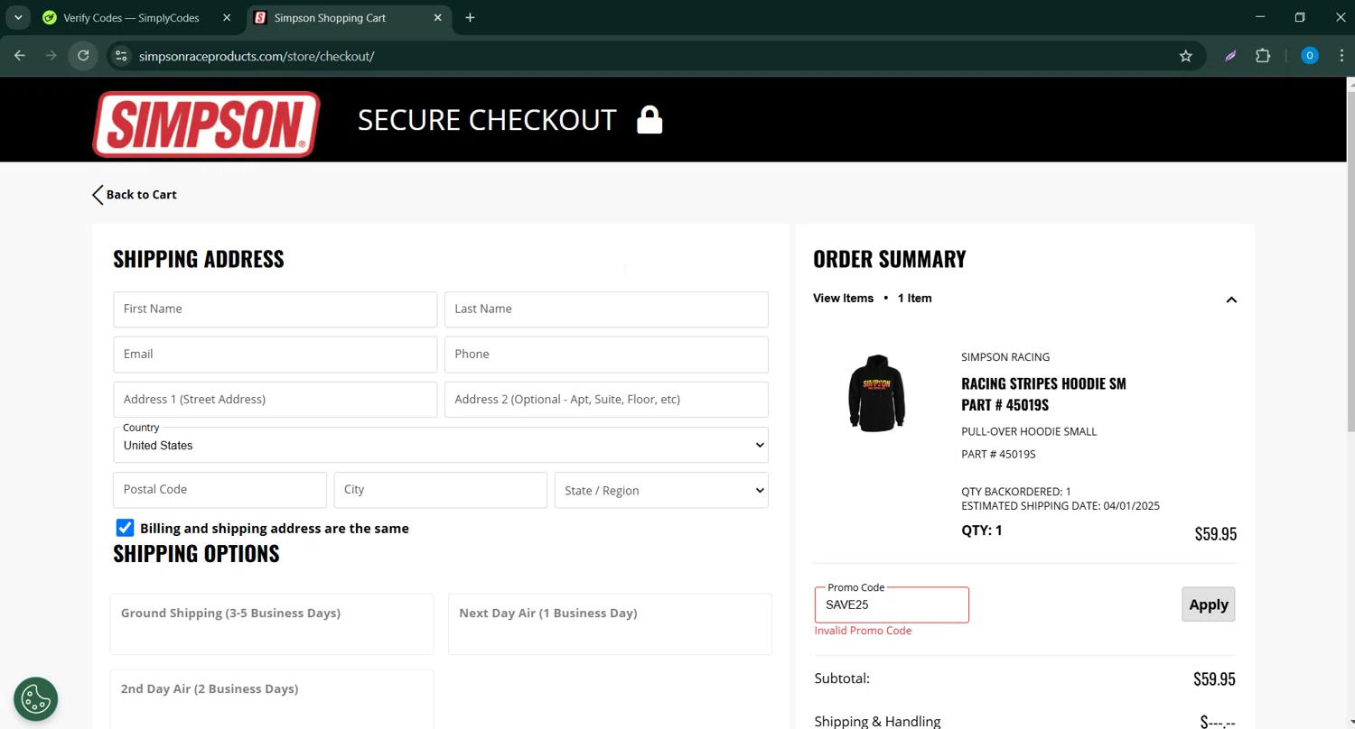 Simpson Race Products coupon code screenshot showing code SAVE25 applied at Simpson Race Products checkout page. Uploaded by SimplyCodes community member CodeScholar4340 on Feb 25, 2025