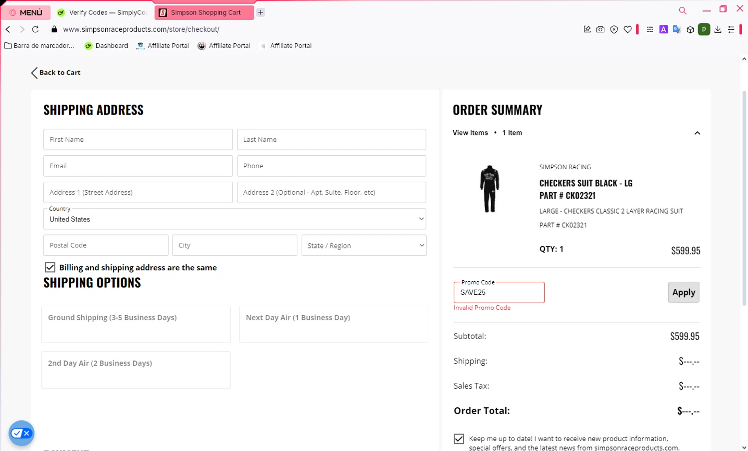Simpson Race Products coupon code screenshot showing code SAVE25 applied at Simpson Race Products checkout page. Uploaded by SimplyCodes community member WonderWarden4709 on Feb 25, 2025