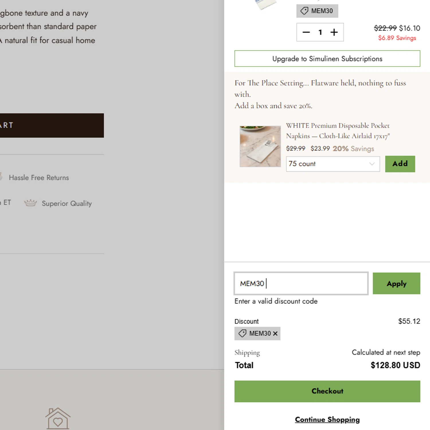 Simulinen promo code screenshot showing code MEM30 applied at Simulinen checkout page. Uploaded by SimplyCodes community member Halanweik on May 19, 2026