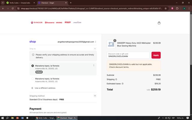 Singer Sewing Machine checkout page showing Singer Sewing Machine promo code box | Screenshot taken by SimplyCodes community member on Sep 12, 2025