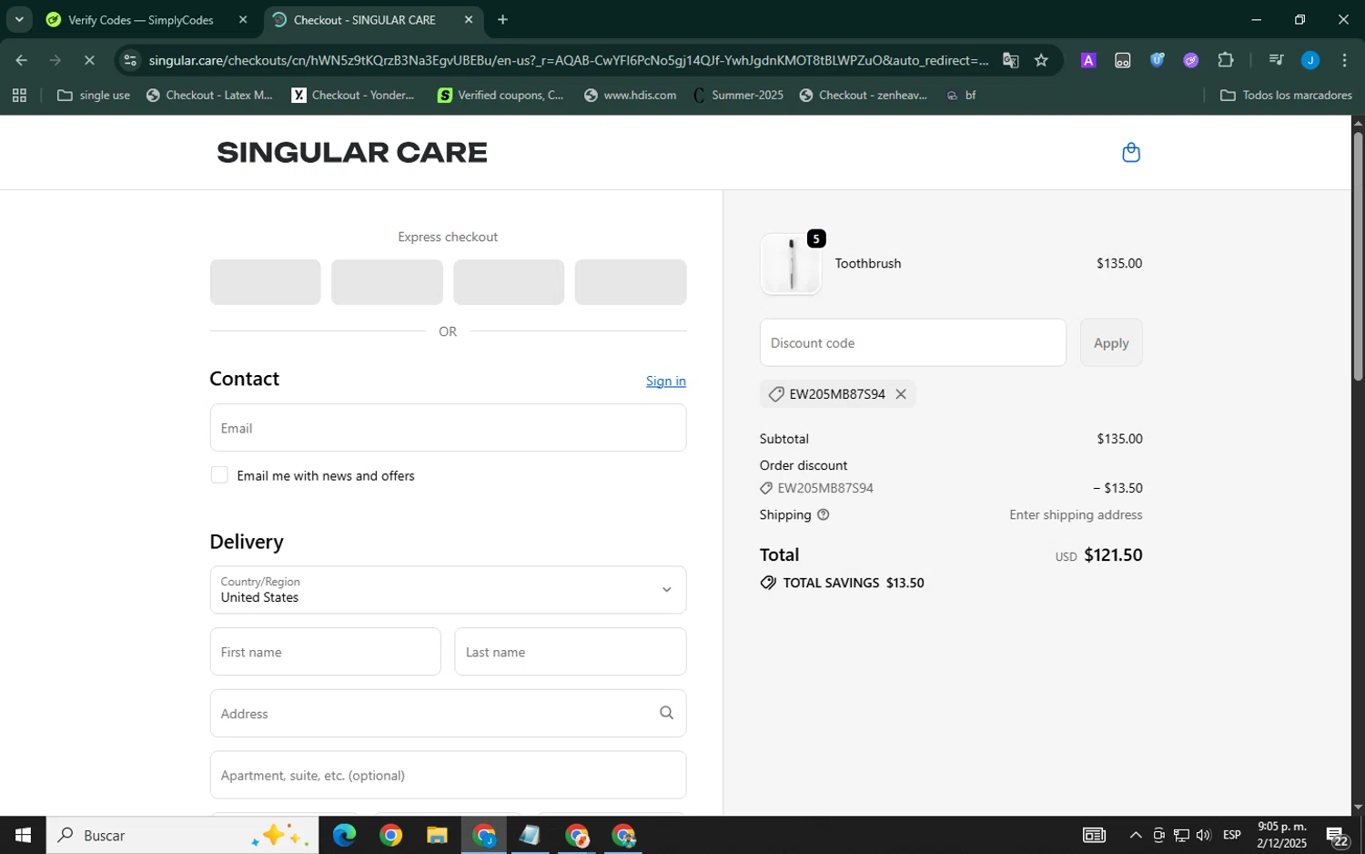 Singular Care discount code screenshot showing code EW205MB87S94 applied at Singular Care checkout page. Uploaded by SimplyCodes community member ELVERGALARGA on Dec 3, 2025