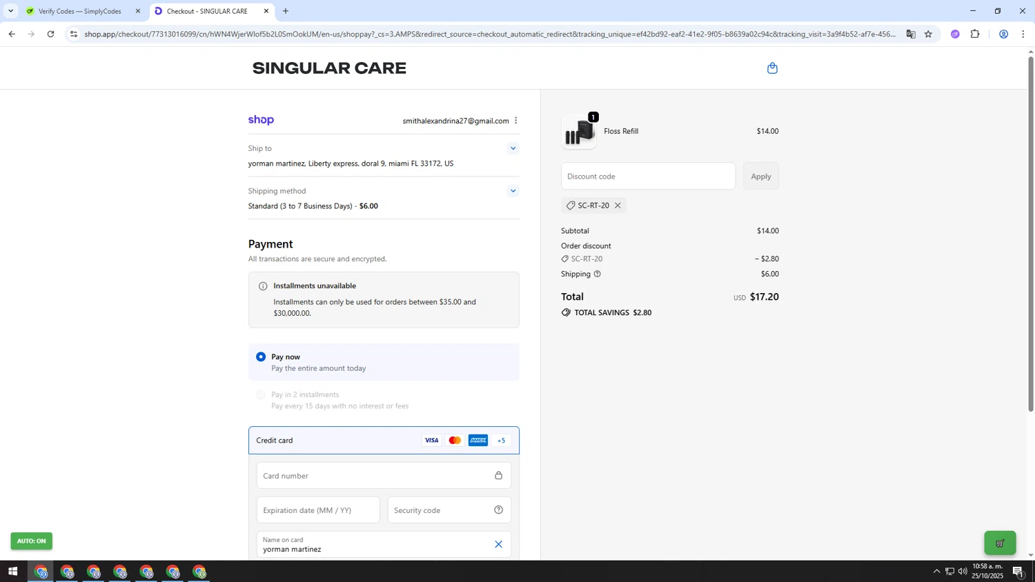 Singular Care discount code screenshot showing code SC-RT-20 applied at Singular Care checkout page. Uploaded by SimplyCodes community member TOKIOBOT on Oct 25, 2025