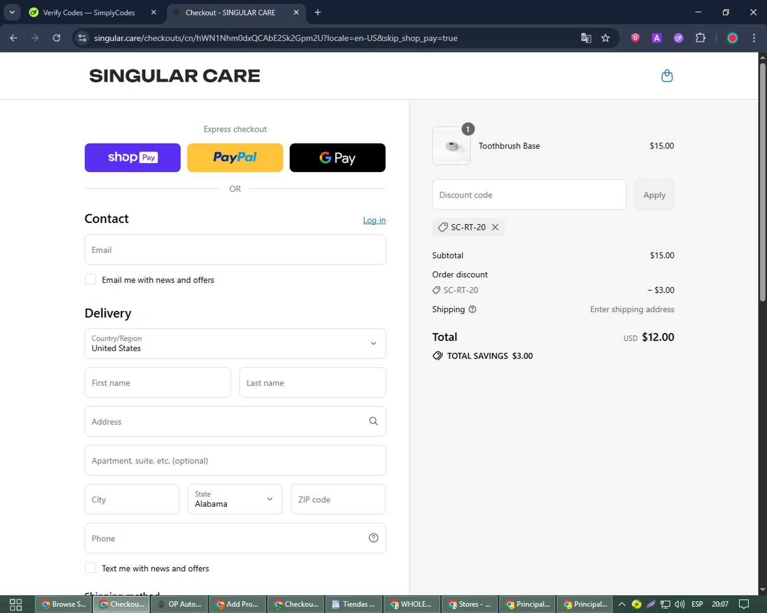 Singular Care discount code screenshot showing code SC-RT-20 applied at Singular Care checkout page. Uploaded by SimplyCodes community member Joseph_Davis on Aug 3, 2025