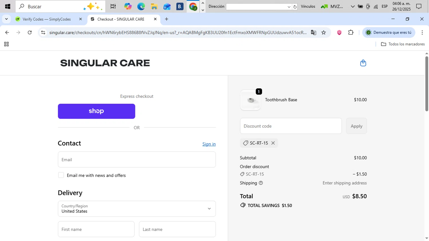 Singular Care discount code screenshot showing code SC-RT-15 applied at Singular Care checkout page. Uploaded by SimplyCodes community member CleverFinder2843 on Dec 26, 2025
