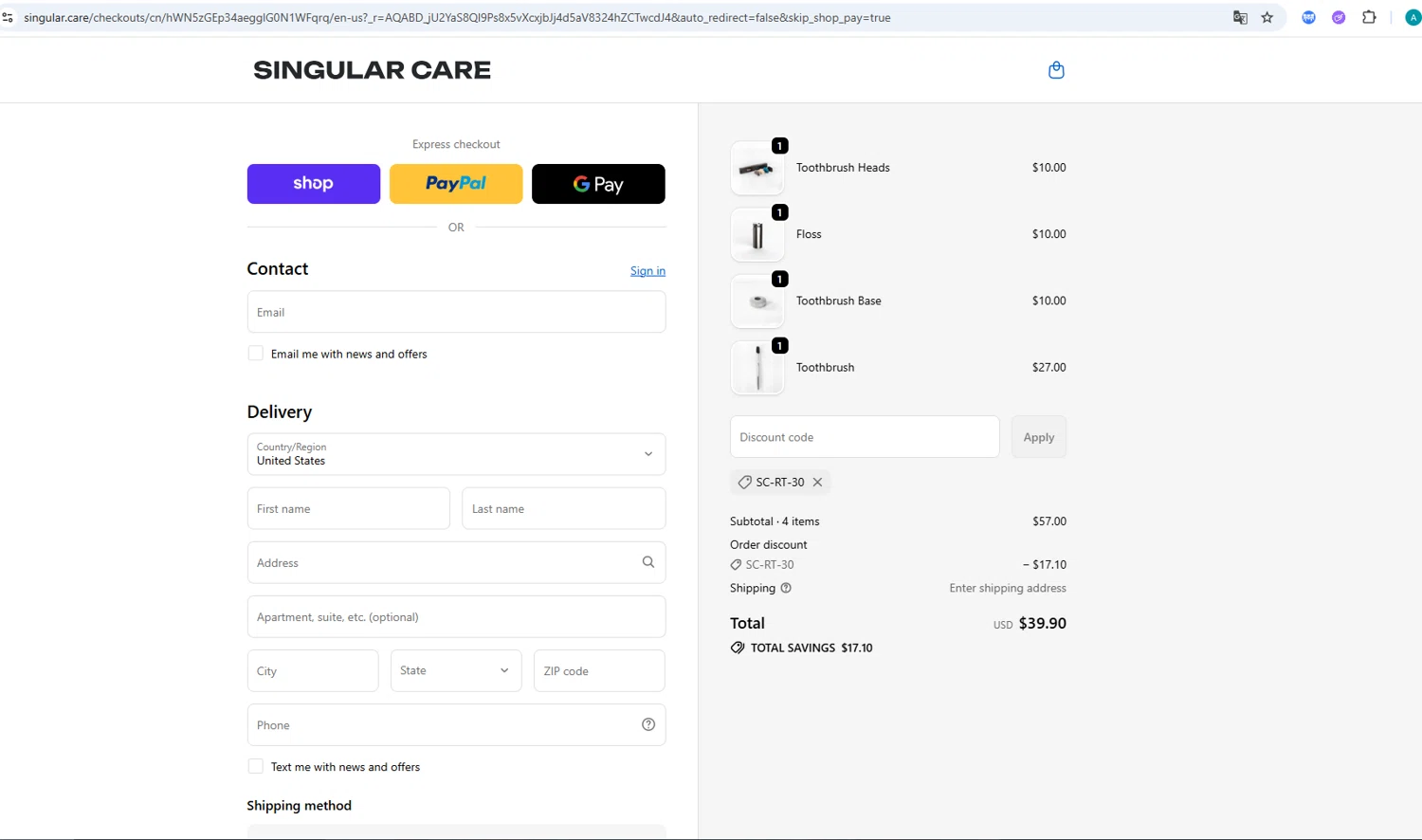 Singular Care discount code screenshot showing code SC-RT-30 applied at Singular Care checkout page. Uploaded by SimplyCodes community member AlexSierra on Dec 3, 2025
