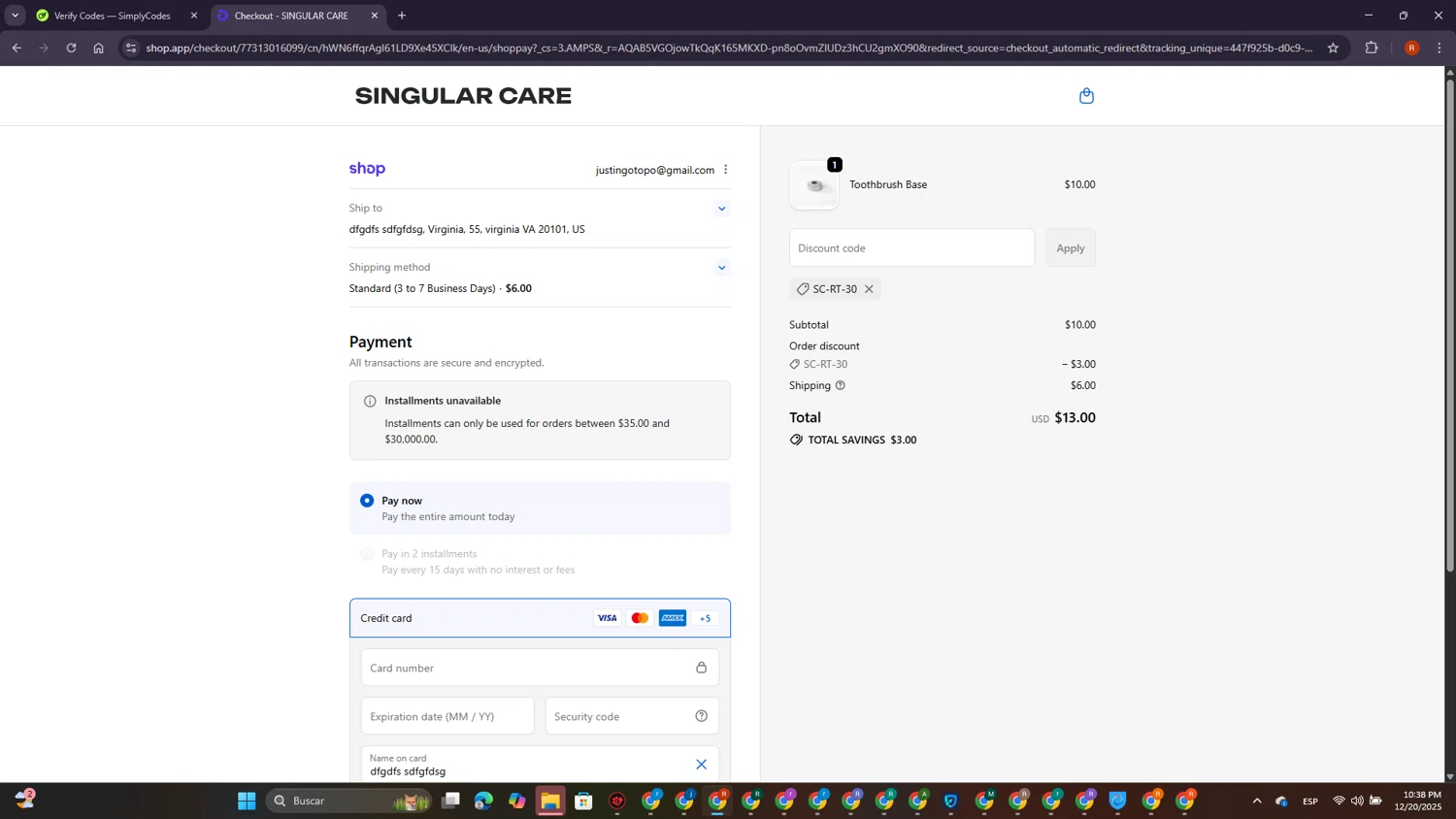 Singular Care discount code screenshot showing code SC-RT-30 applied at Singular Care checkout page. Uploaded by SimplyCodes community member MagnificentExpert2705 on Dec 21, 2025