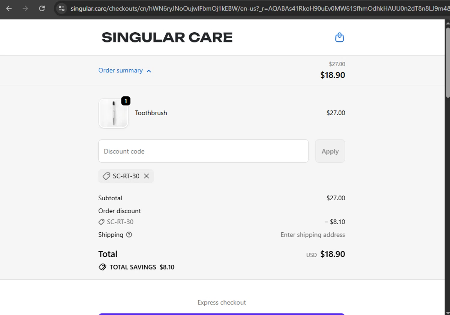 Singular Care discount code screenshot showing code SC-RT-30 applied at Singular Care checkout page. Uploaded by SimplyCodes community member eduardolopez on Dec 26, 2025