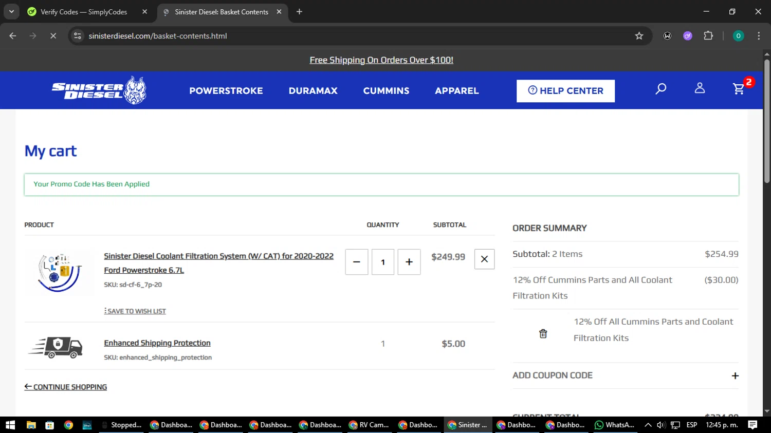Sinister Diesel discount code screenshot showing code FLASH320 applied at Sinister Diesel checkout page. Uploaded by SimplyCodes community member LuckyDefender9428 on Aug 5, 2025