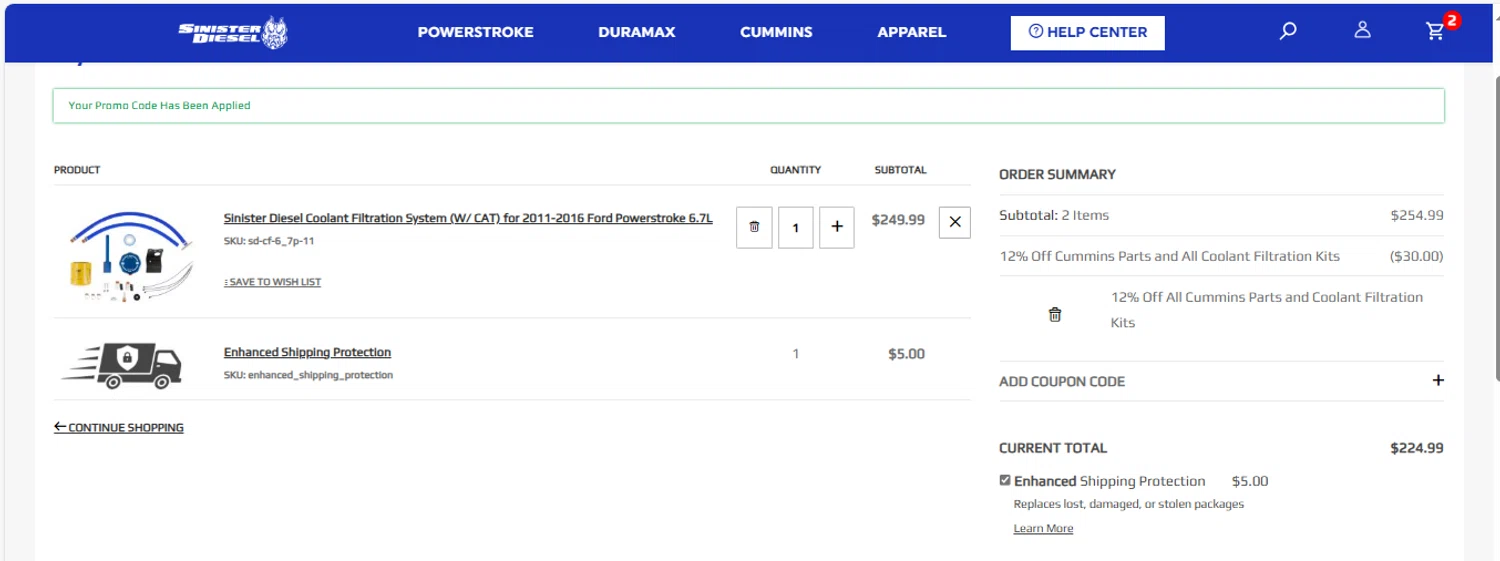 Sinister Diesel discount code screenshot showing code FLASH320 applied at Sinister Diesel checkout page. Uploaded by SimplyCodes community member Stun222 on Oct 31, 2025