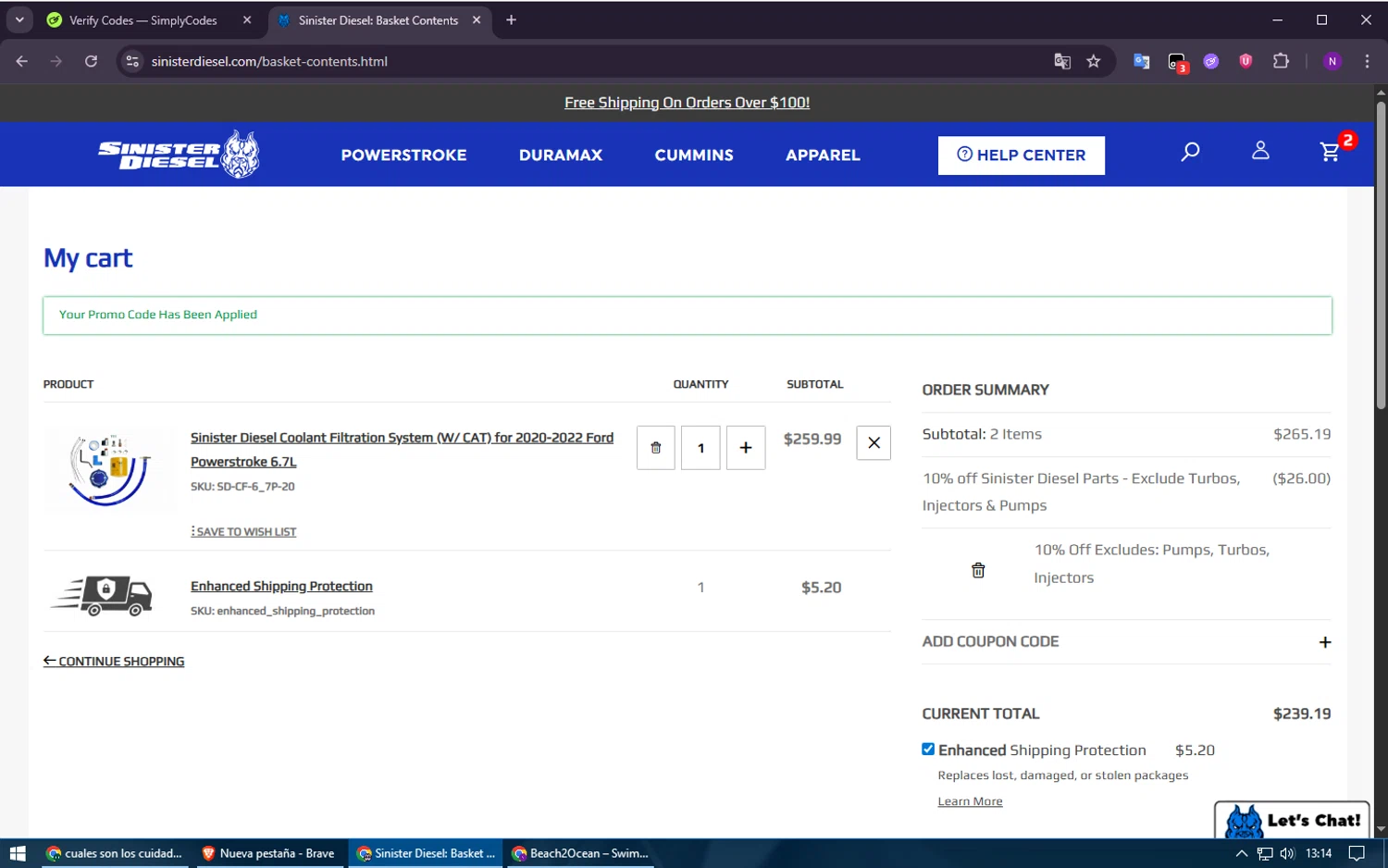 Sinister Diesel checkout page showing Sinister Diesel discount code box | Screenshot taken by SimplyCodes community member on Nov 11, 2025