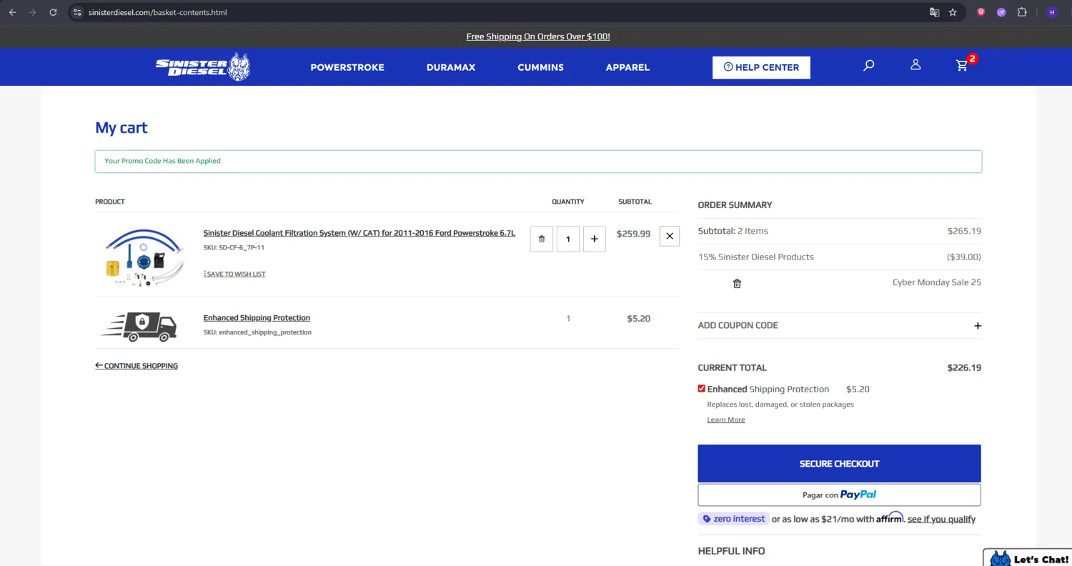 Sinister Diesel discount code screenshot showing code CM25 applied at Sinister Diesel checkout page. Uploaded by SimplyCodes community member RebateVirtuoso9954 on Dec 1, 2025