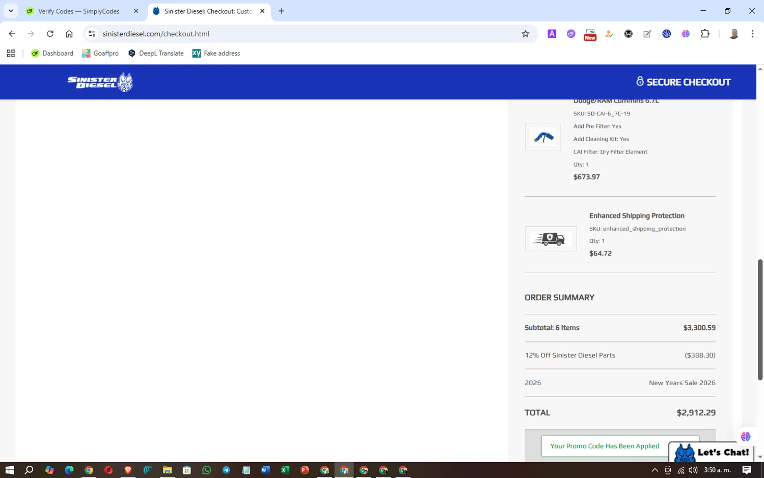 Sinister Diesel discount code screenshot showing code 2026 applied at Sinister Diesel checkout page. Uploaded by SimplyCodes community member Washington on Dec 30, 2025