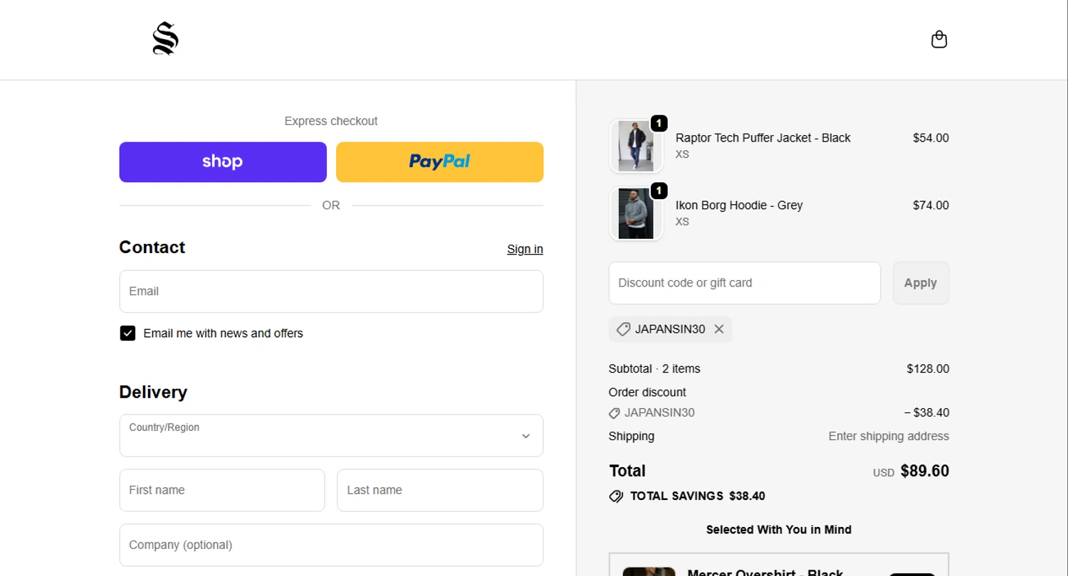 Sinners Attire promo code screenshot showing code JAPANSIN30 applied at Sinners Attire checkout page. Uploaded by SimplyCodes community member Omega77 on Nov 14, 2025
