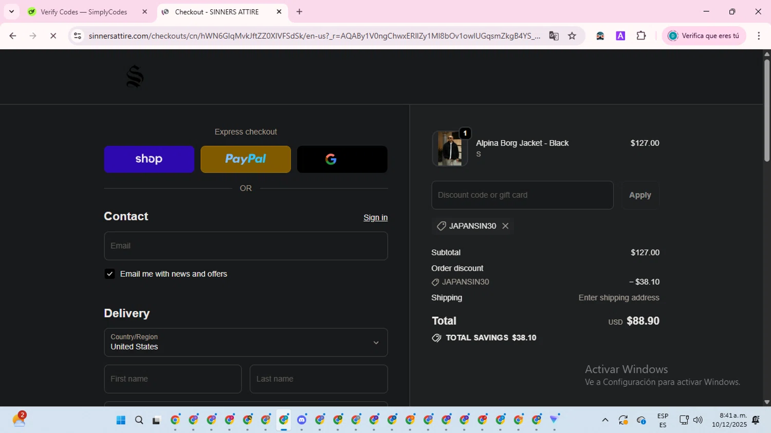 Sinners Attire promo code screenshot showing code JAPANSIN30 applied at Sinners Attire checkout page. Uploaded by SimplyCodes community member ShrewdTracker5871 on Dec 10, 2025