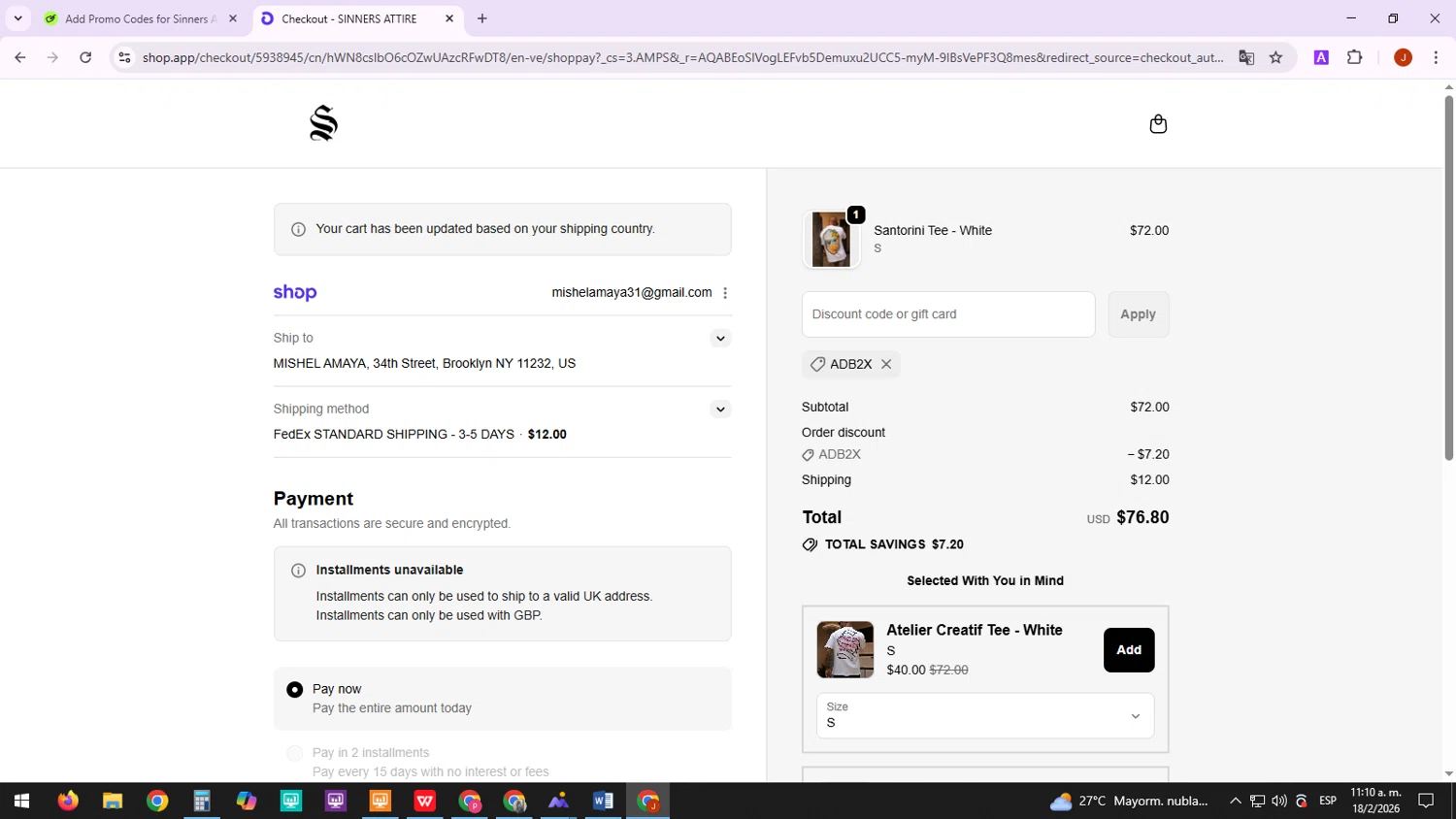 Sinners Attire promo code screenshot showing code ADB2X applied at Sinners Attire checkout page. Uploaded by SimplyCodes community member TreasureTracker4321 on Feb 18, 2026