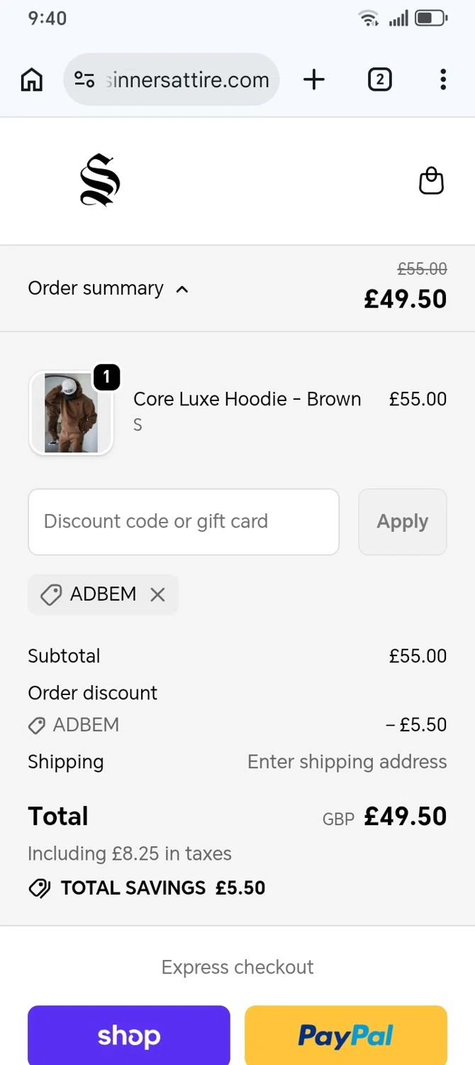 Sinners Attire promo code screenshot showing code ADBEM applied at Sinners Attire checkout page. Uploaded by SimplyCodes community member franksanchez on Feb 20, 2026