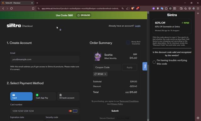 Sintra checkout page showing Sintra discount code box | Screenshot taken by SimplyCodes community member on Sep 12, 2025