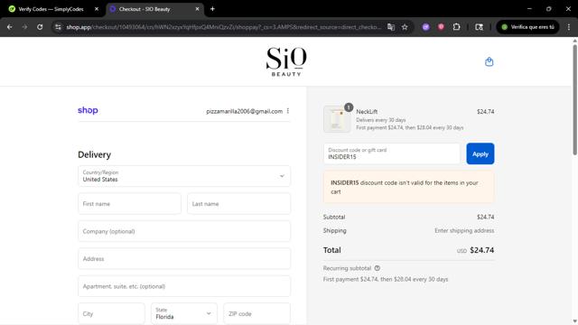 Sio Beauty checkout page showing Sio Beauty discount code box | Screenshot taken by SimplyCodes community member on Sep 14, 2025