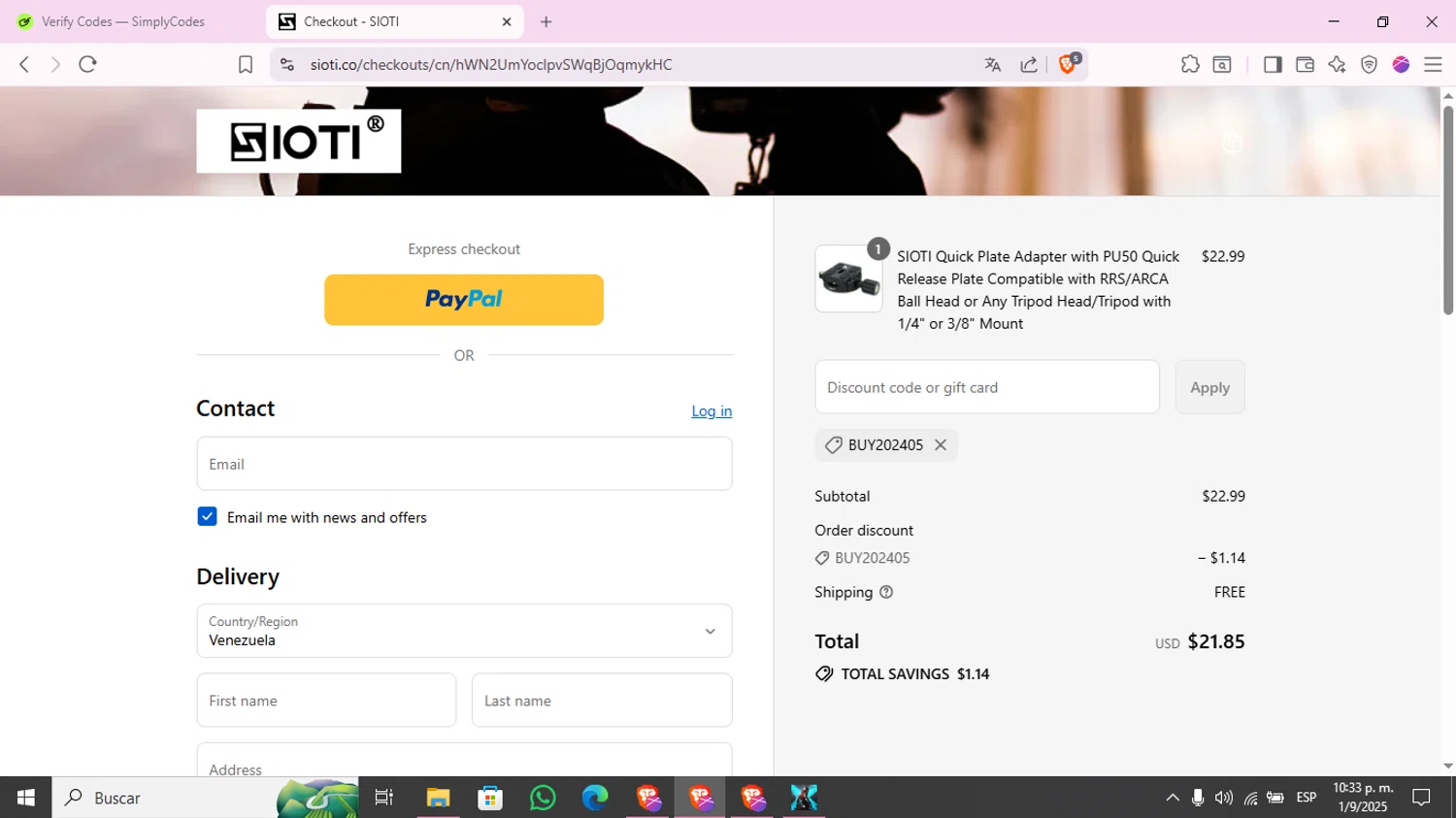 SIOTI promo code screenshot showing code BUY202405 applied at SIOTI checkout page. Uploaded by SimplyCodes community member KimChrista_ on Sep 2, 2025