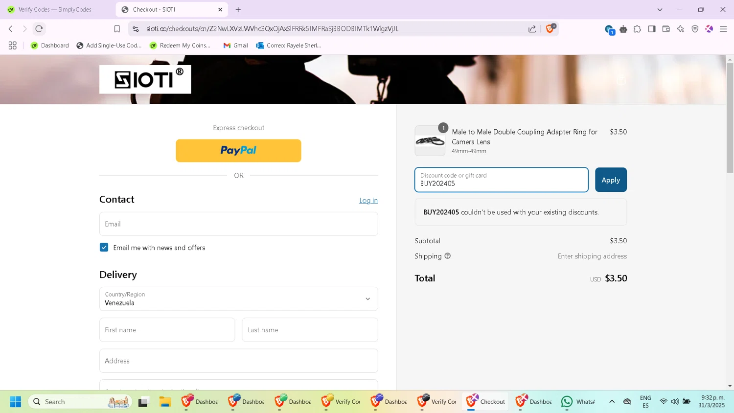 SIOTI promo code screenshot showing code BUY202405 applied at SIOTI checkout page. Uploaded by SimplyCodes community member CleverKnight6759 on Apr 1, 2025