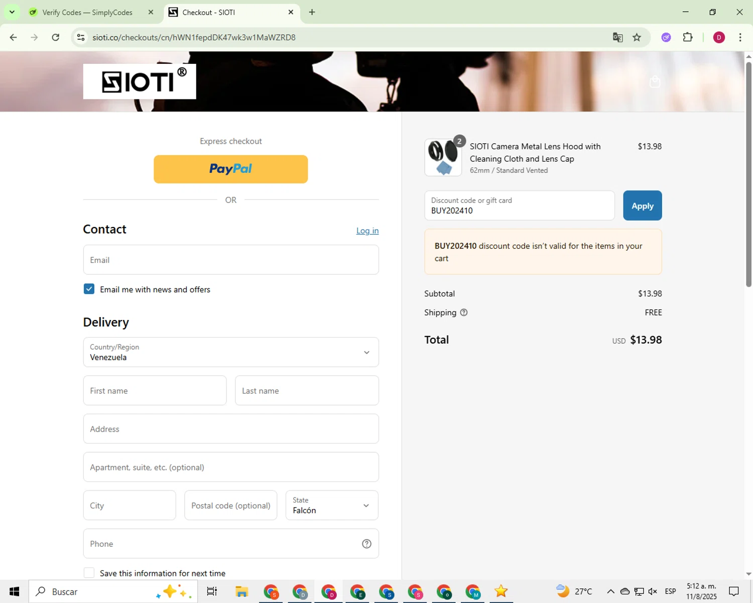 SIOTI promo code screenshot showing code BUY202410 applied at SIOTI checkout page. Uploaded by SimplyCodes community member 000012 on Aug 11, 2025