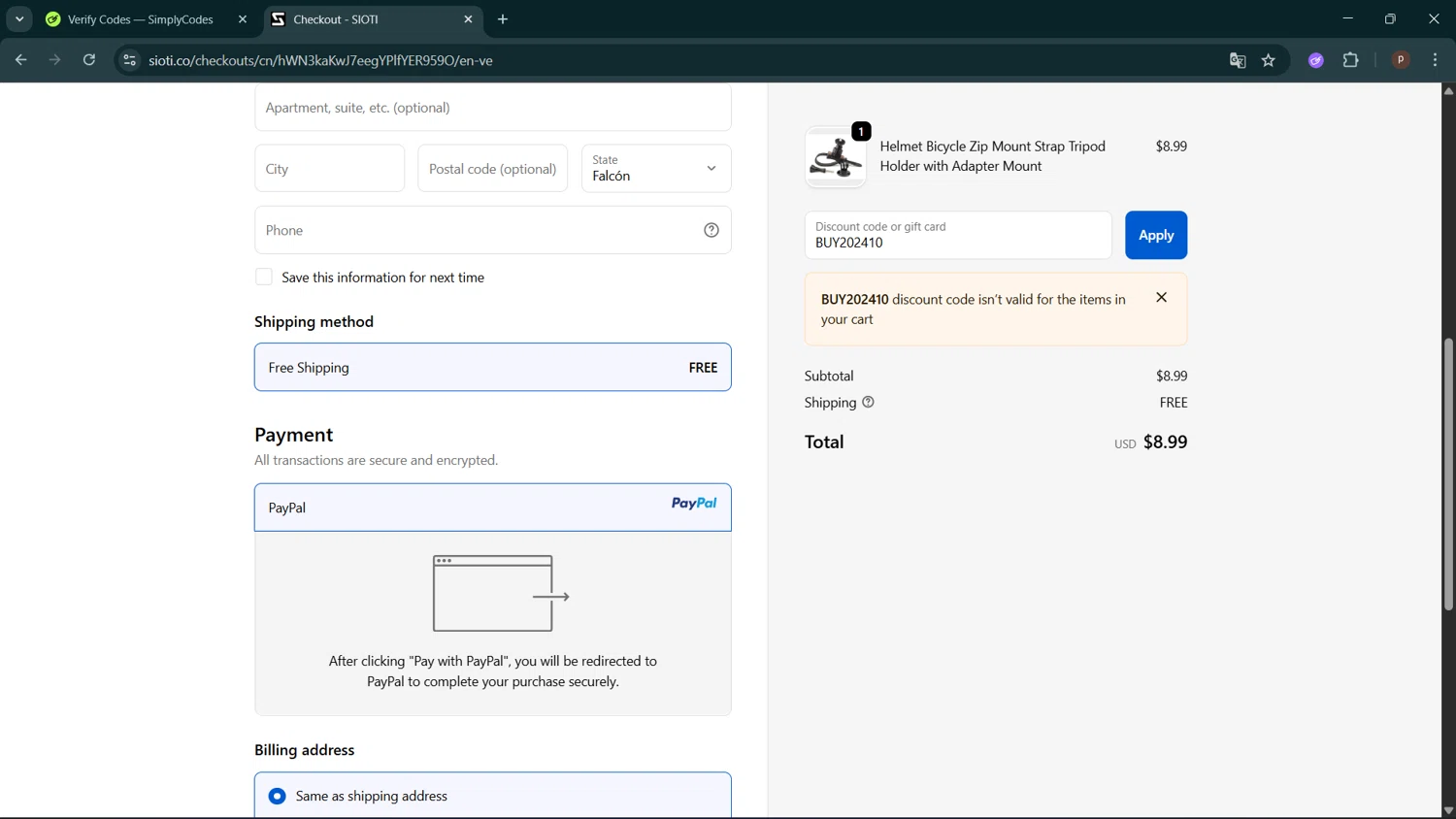 SIOTI promo code screenshot showing code BUY202410 applied at SIOTI checkout page. Uploaded by SimplyCodes community member ShrewdPro2243 on Oct 5, 2025