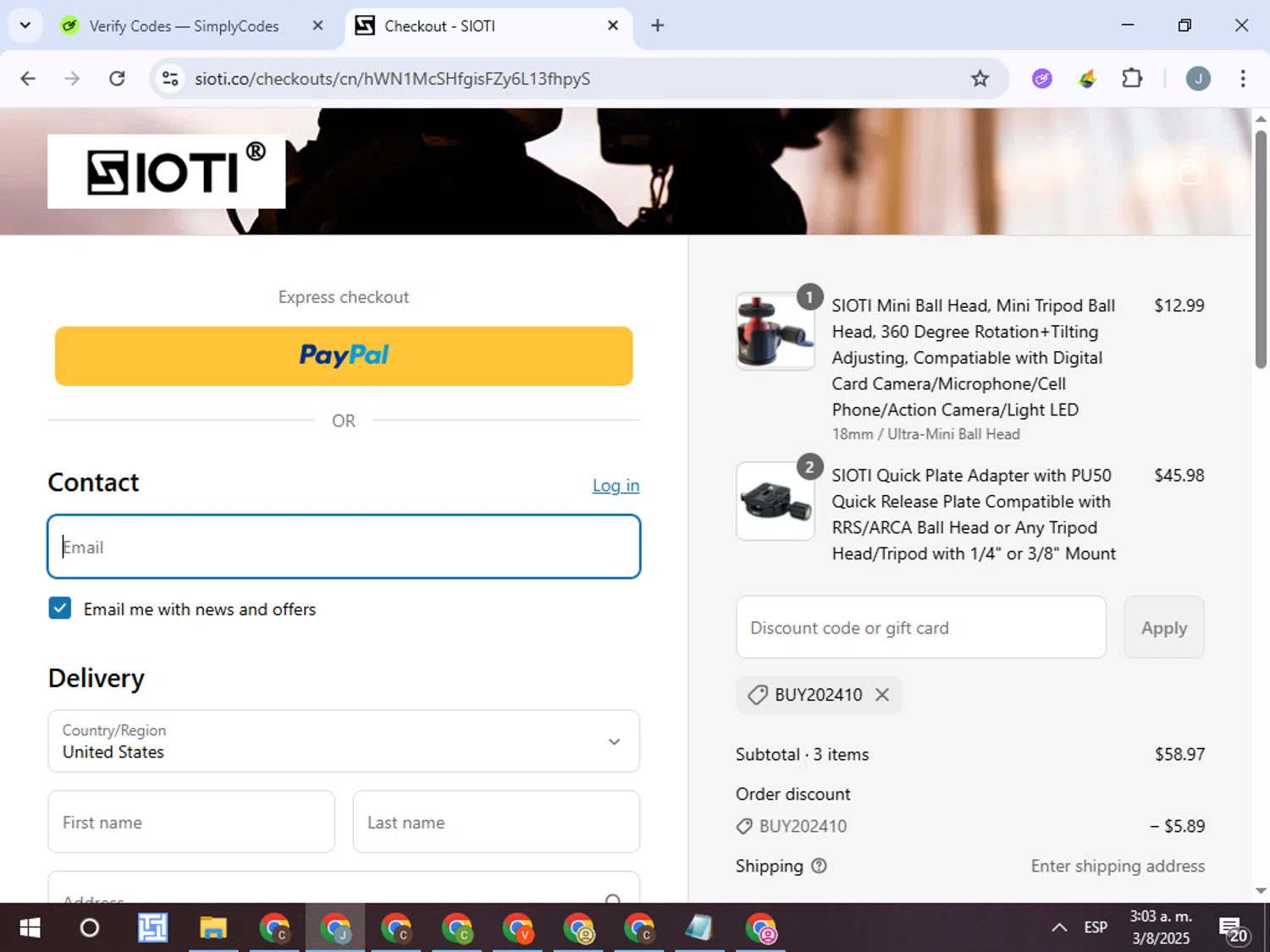 SIOTI promo code screenshot showing code BUY202410 applied at SIOTI checkout page. Uploaded by SimplyCodes community member ValueTracker8384 on Aug 3, 2025