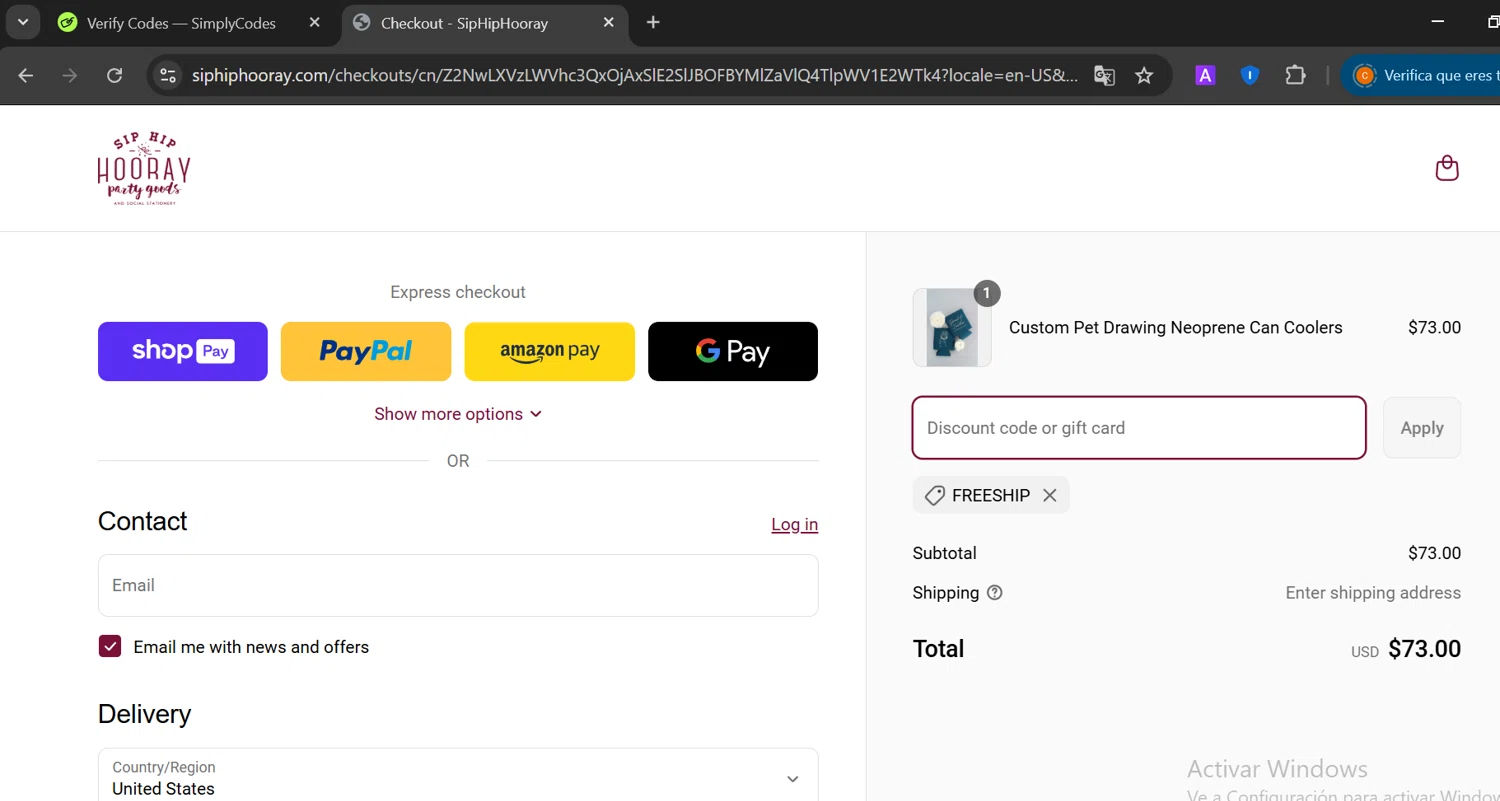 Sip Hip Hooray discount code screenshot showing code FREESHIP applied at Sip Hip Hooray checkout page. Uploaded by SimplyCodes community member CashElite5536 on Mar 25, 2025