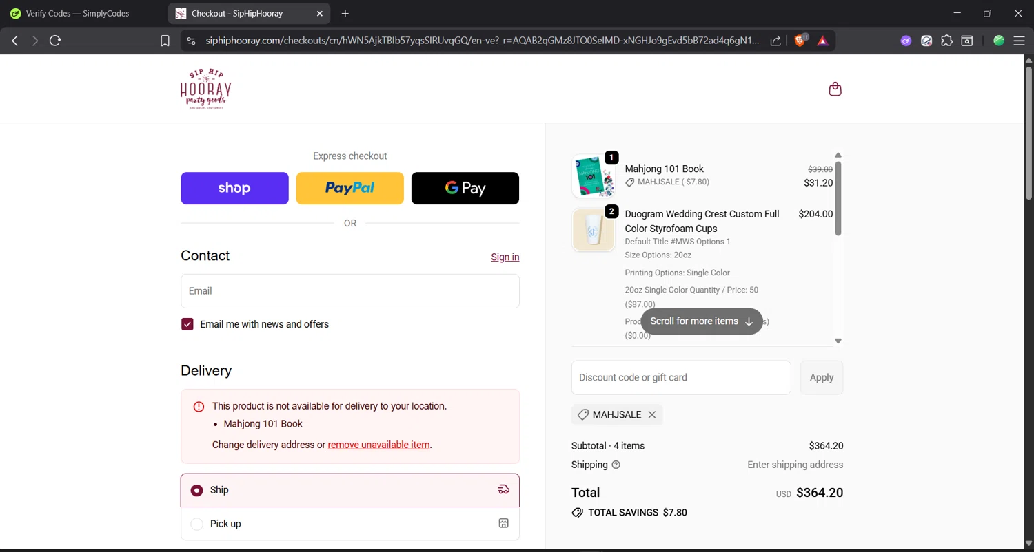 Sip Hip Hooray checkout page showing Sip Hip Hooray discount code box | Screenshot taken by SimplyCodes community member on Nov 11, 2025