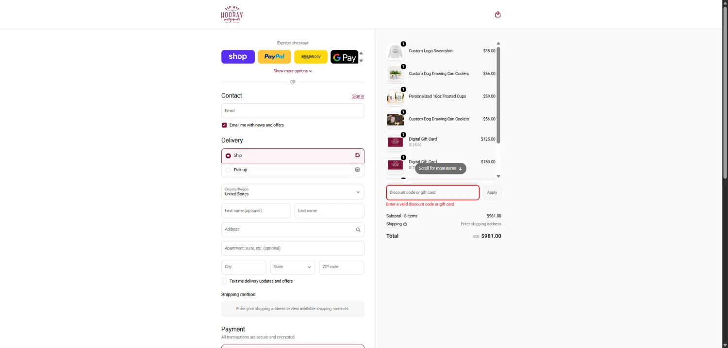 Sip Hip Hooray discount code screenshot showing code VDAY2026 applied at Sip Hip Hooray checkout page. Uploaded by SimplyCodes community member ValiantCollector5333 on Feb 12, 2026
