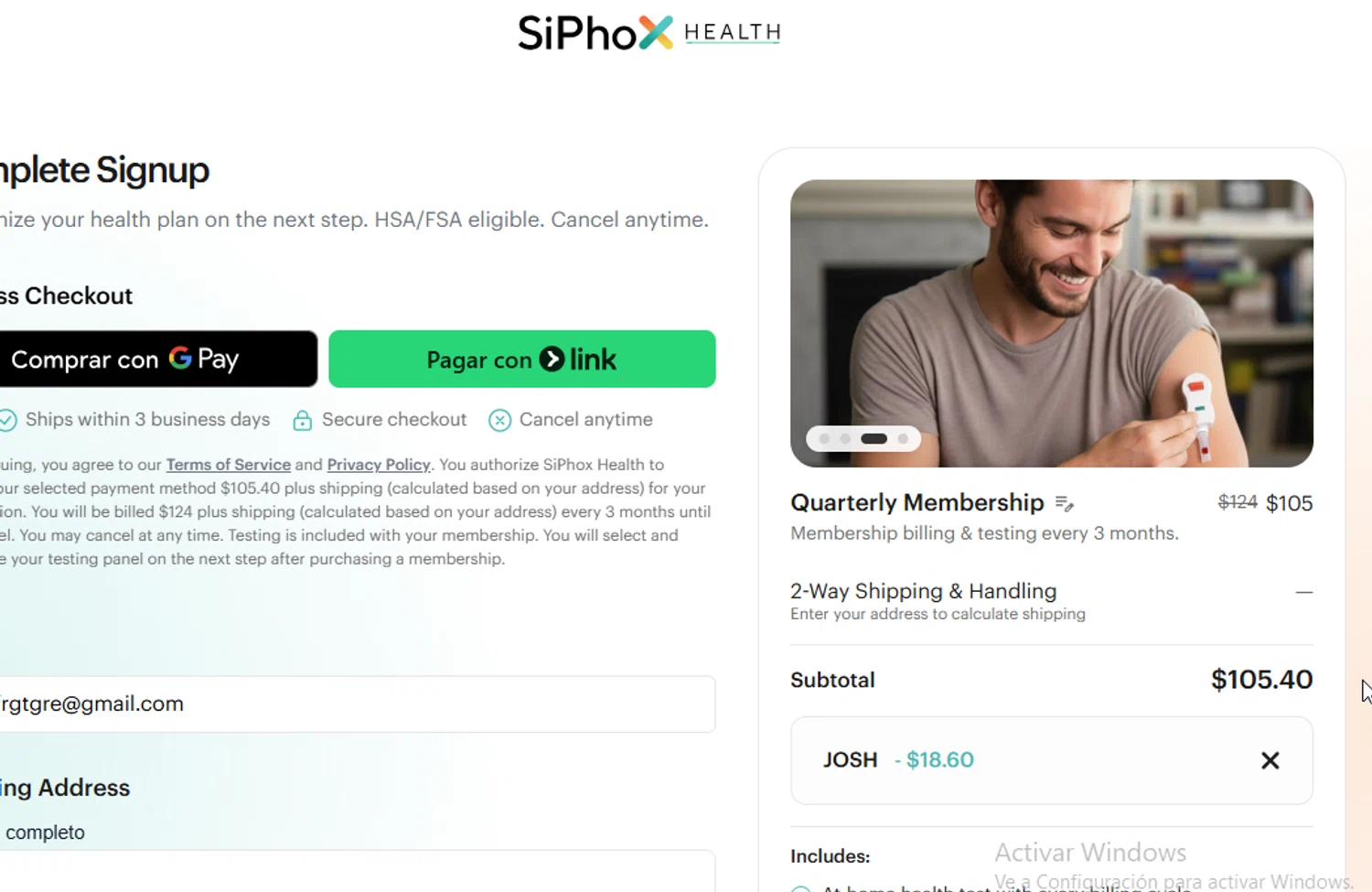 SiPhox Health checkout page showing SiPhox Health promo code box | Screenshot taken by SimplyCodes community member on Feb 5, 2026