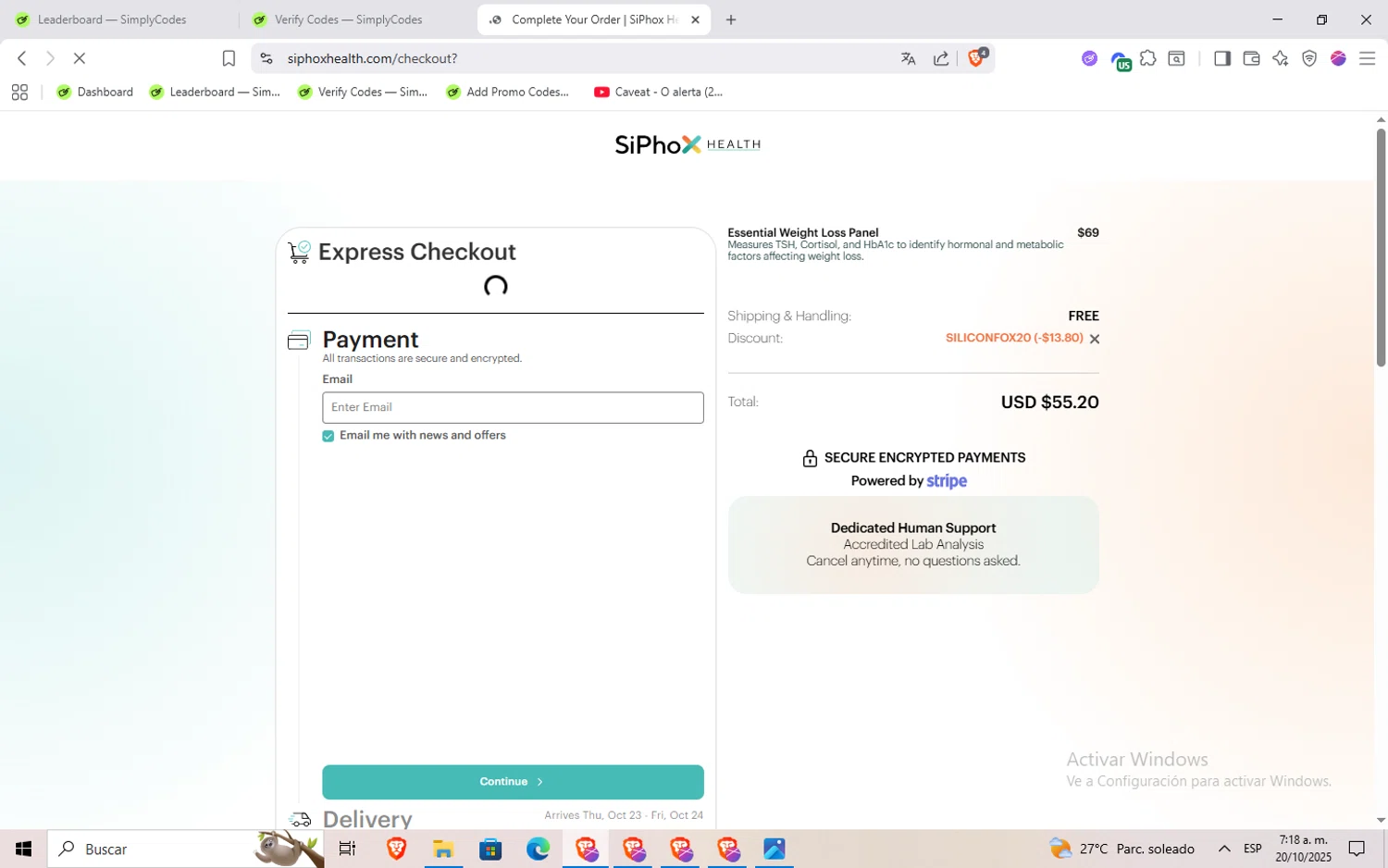 SiPhox Health promo code screenshot showing code SILICONFOX20 applied at SiPhox Health checkout page. Uploaded by SimplyCodes community member Rayyyyyy on Oct 20, 2025