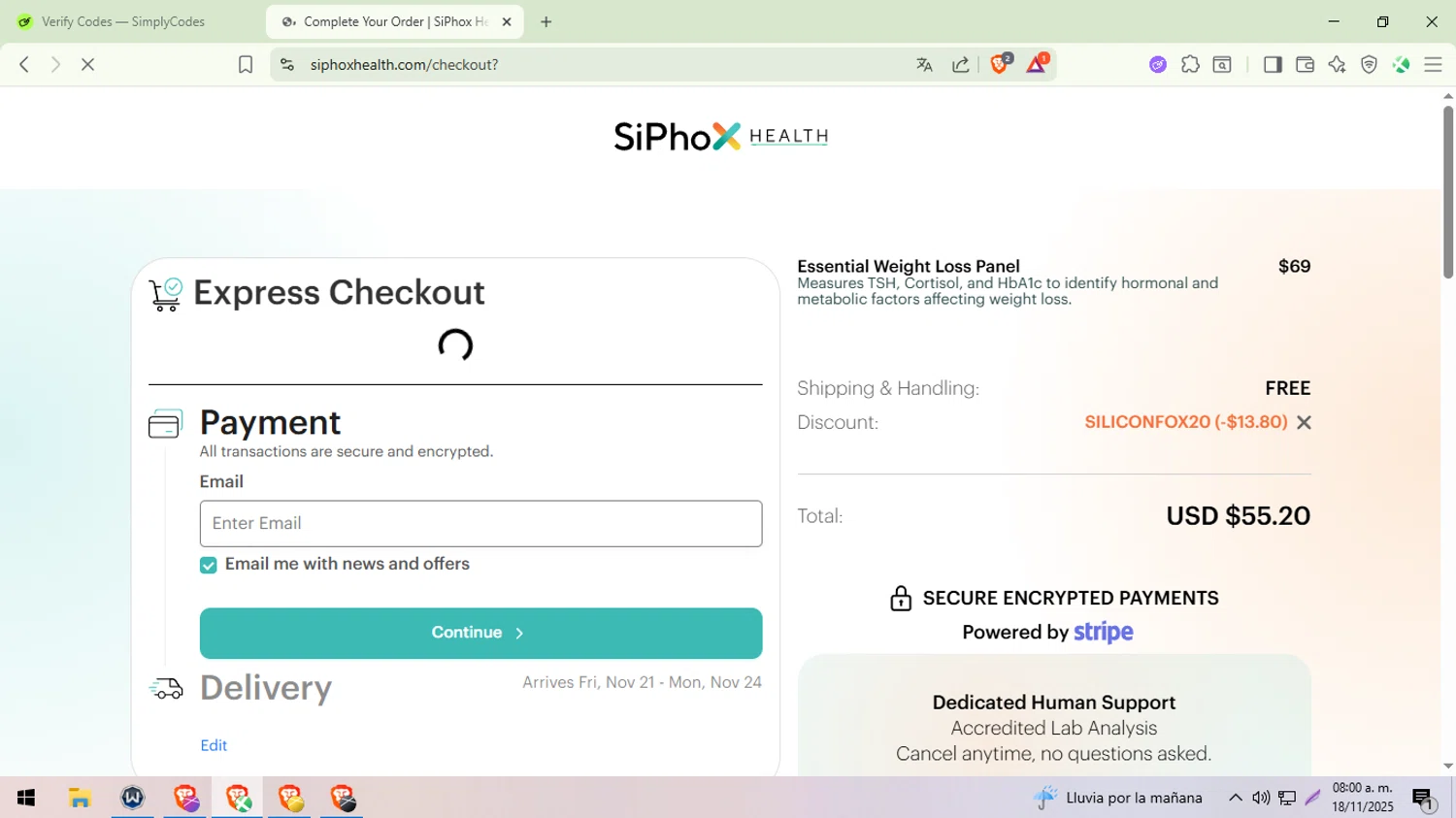 SiPhox Health promo code screenshot showing code SILICONFOX20 applied at SiPhox Health checkout page. Uploaded by SimplyCodes community member ylleneromero on Nov 18, 2025