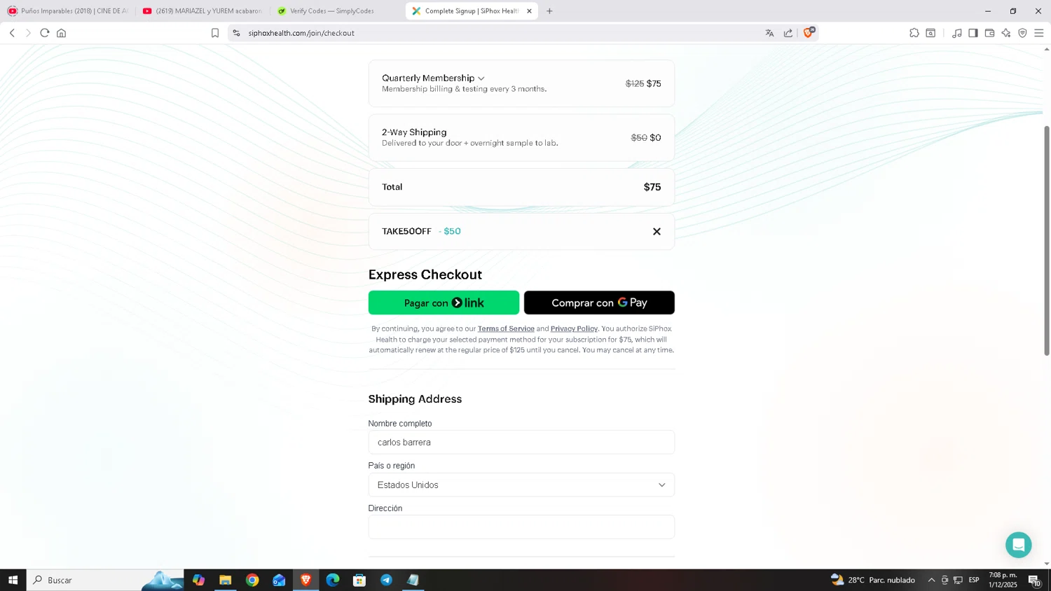 SiPhox Health promo code screenshot showing code TAKE50OFF applied at SiPhox Health checkout page. Uploaded by SimplyCodes community member Carloscoder_900457733 on Dec 1, 2025