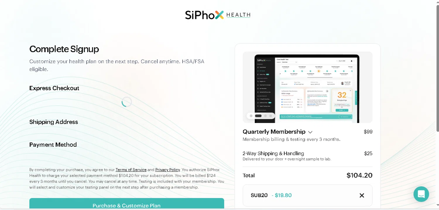 SiPhox Health promo code screenshot showing code SUB20 applied at SiPhox Health checkout page. Uploaded by SimplyCodes community member shark12 on Dec 23, 2025
