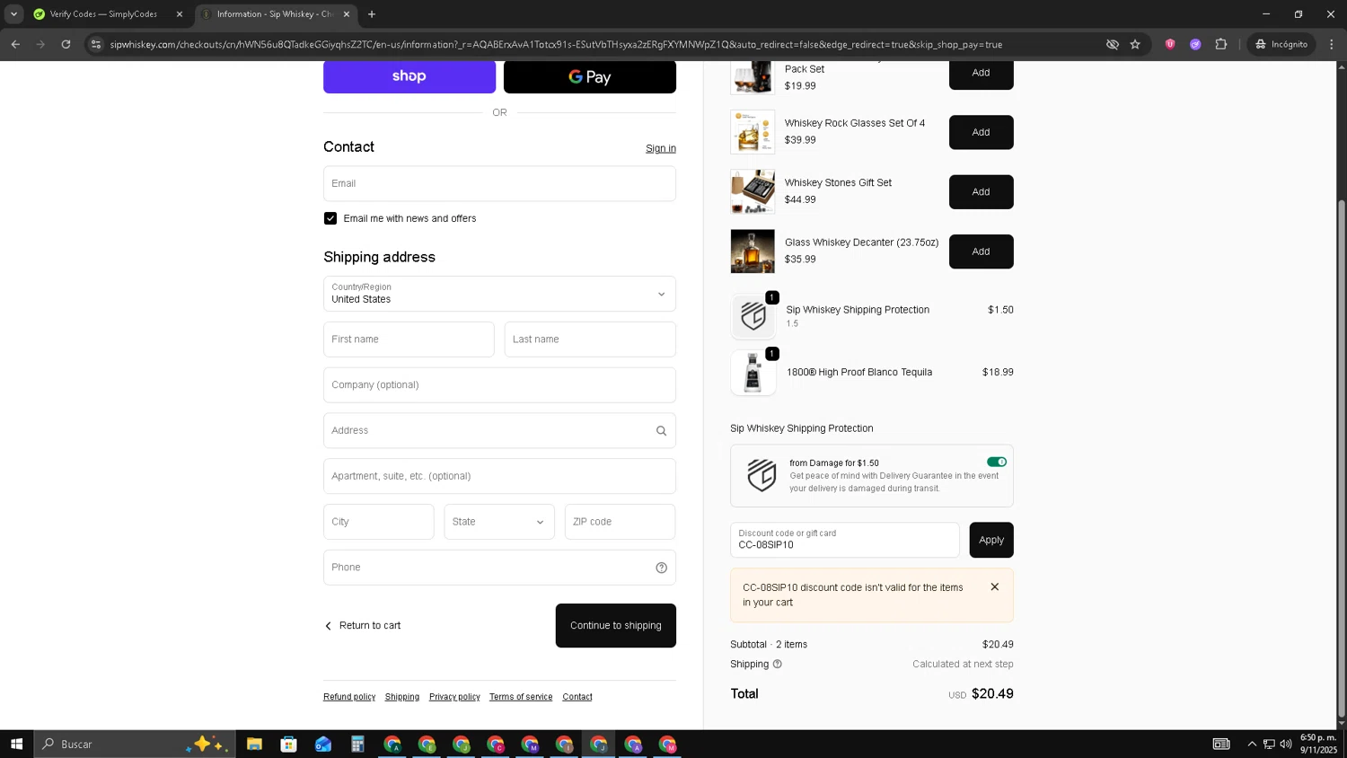 Sip Whiskey discount code screenshot showing code CC-08SIP10 applied at Sip Whiskey checkout page. Uploaded by SimplyCodes community member AVATIGRITO on Nov 9, 2025