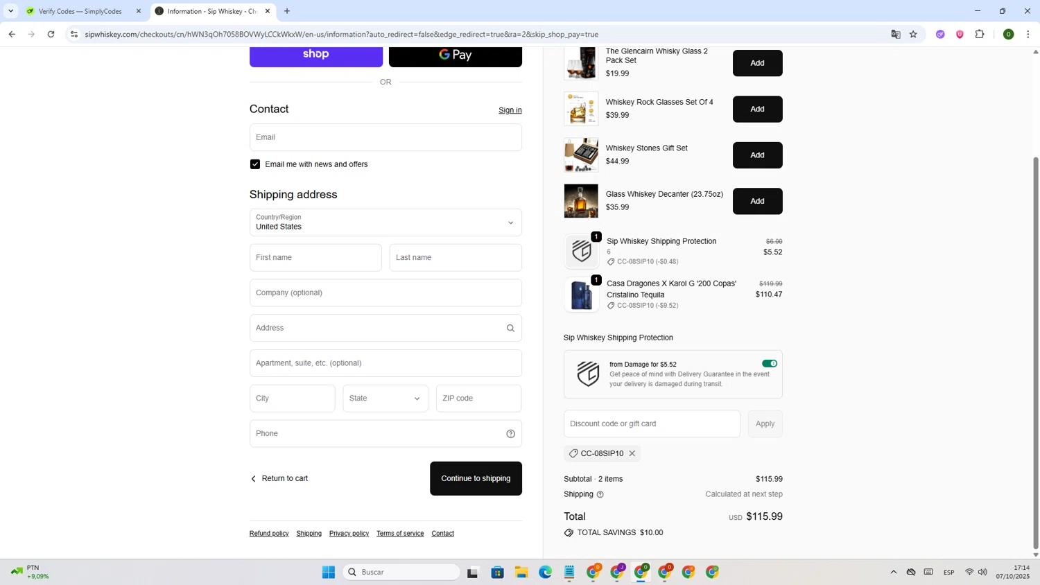 Sip Whiskey discount code screenshot showing code CC-08SIP10 applied at Sip Whiskey checkout page. Uploaded by SimplyCodes community member BargainGenius8125 on Oct 7, 2025