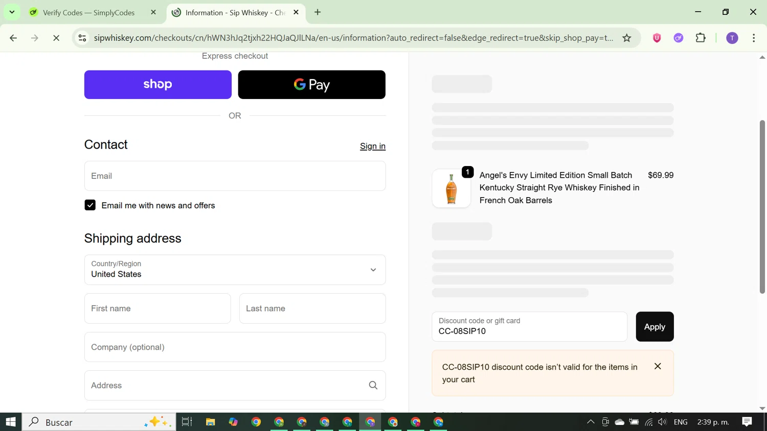 Sip Whiskey discount code screenshot showing code CC-08SIP10 applied at Sip Whiskey checkout page. Uploaded by SimplyCodes community member FortunateCurator5882 on Oct 3, 2025