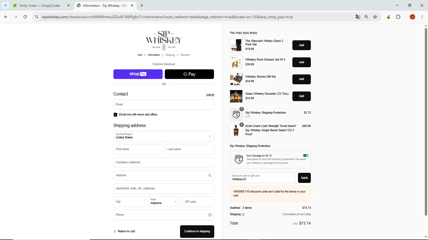 Sip Whiskey discount code screenshot showing code Whiskey10 applied at Sip Whiskey checkout page. Uploaded by SimplyCodes community member NobleMaven802 on Jul 19, 2025