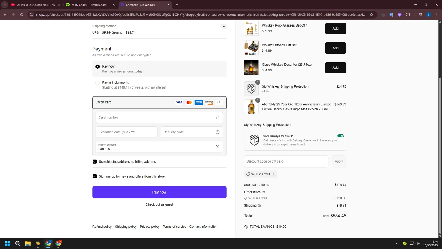 Sip Whiskey discount code screenshot showing code Whiskey10 applied at Sip Whiskey checkout page. Uploaded by SimplyCodes community member CashLegend3767 on May 15, 2025