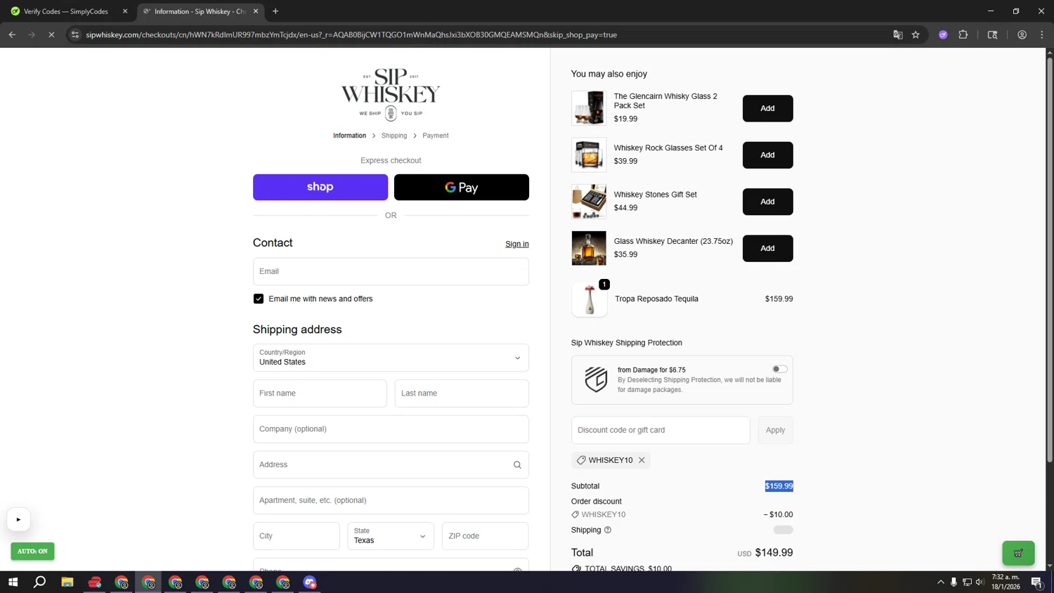 Sip Whiskey discount code screenshot showing code Whiskey10 applied at Sip Whiskey checkout page. Uploaded by SimplyCodes community member aaaaaaaaaaaaaaaa on Jan 18, 2026