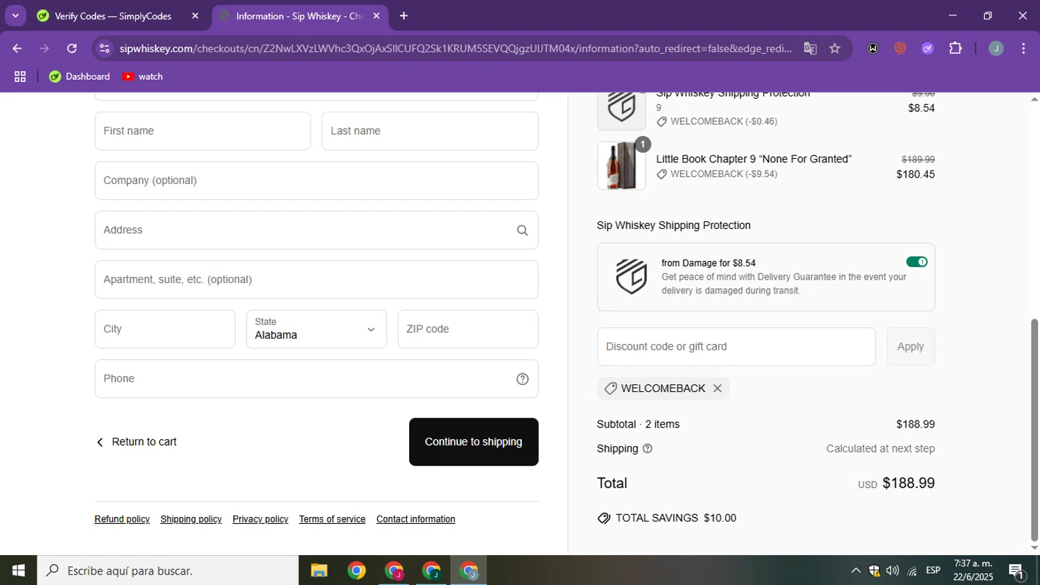 Sip Whiskey discount code screenshot showing code WELCOMEBACK applied at Sip Whiskey checkout page. Uploaded by SimplyCodes community member ShieldSpotter3995 on Jun 22, 2025