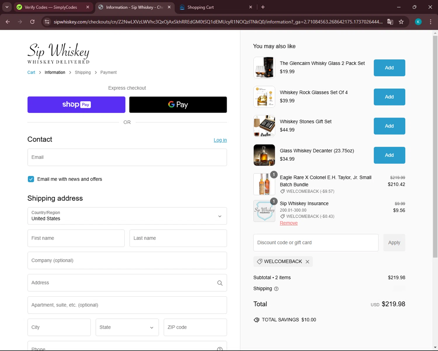 Sip Whiskey discount code screenshot showing code WELCOMEBACK applied at Sip Whiskey checkout page. Uploaded by SimplyCodes community member VoucherSleuth3236 on Jan 16, 2025